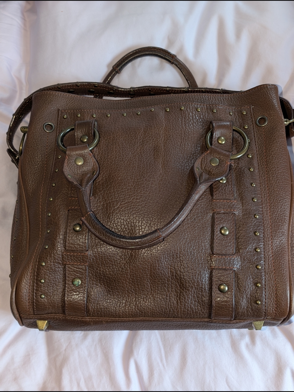 Vintage Betsey Johnson Rare Y2K Brown Leather Studded Satchel Bag - Picture 2 of 10
